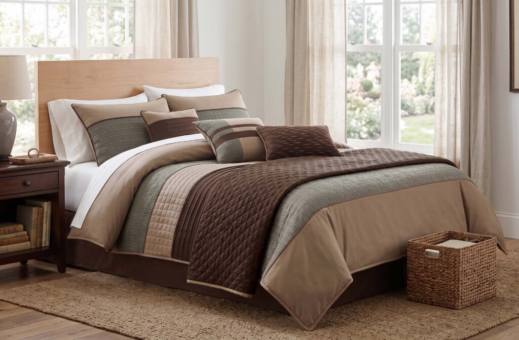 Bed topped with taupe and brown quilted duvet, decorative pillows, and a light wood headboard in a bright, airy bedroom with large windows and beige curtains.