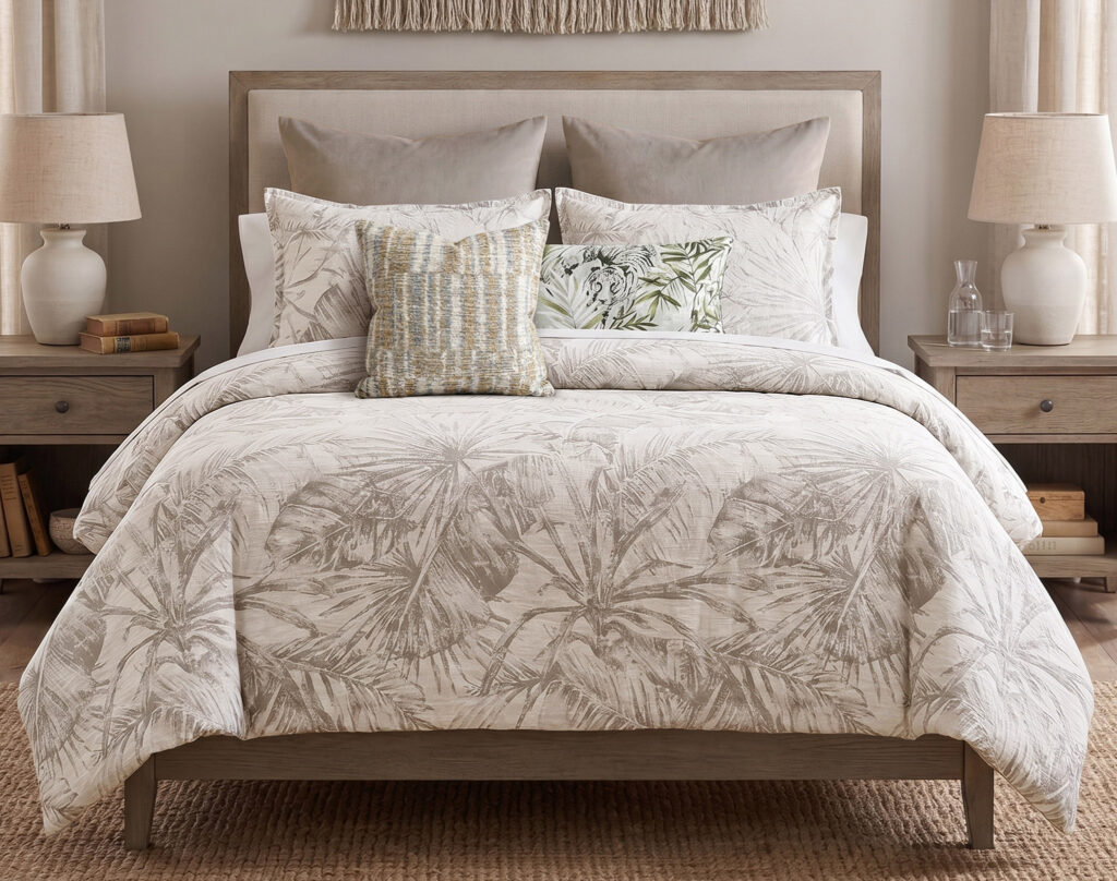 Queen bed with beige tropical-print bedding and multiple decorative pillows in a neutral-toned bedroom.
