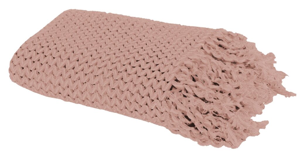 Pink knitted scarf with chunky interlocking stitches laid flat on a white background.